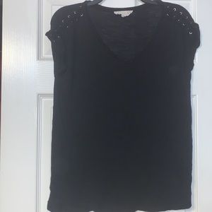 Pink republic black short sleeve lace shoulder top size medium rounded bottom